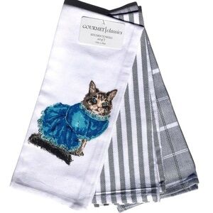 Gourmet Classics | Cat in Blue Dress | 100% Cotton Kitchen Towels, Set of 3